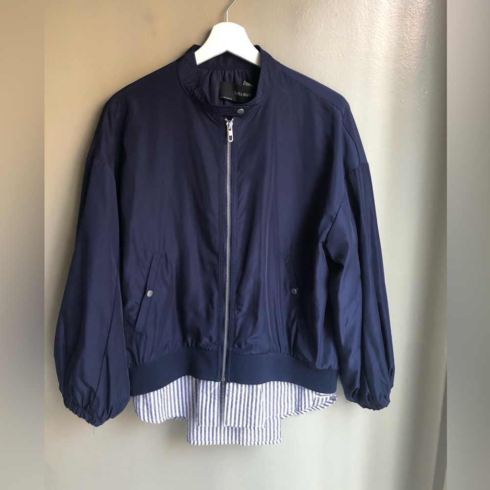Zara Women's Jacket Blue Water Repellent Bomber Shirt Tail Hem Size: S
